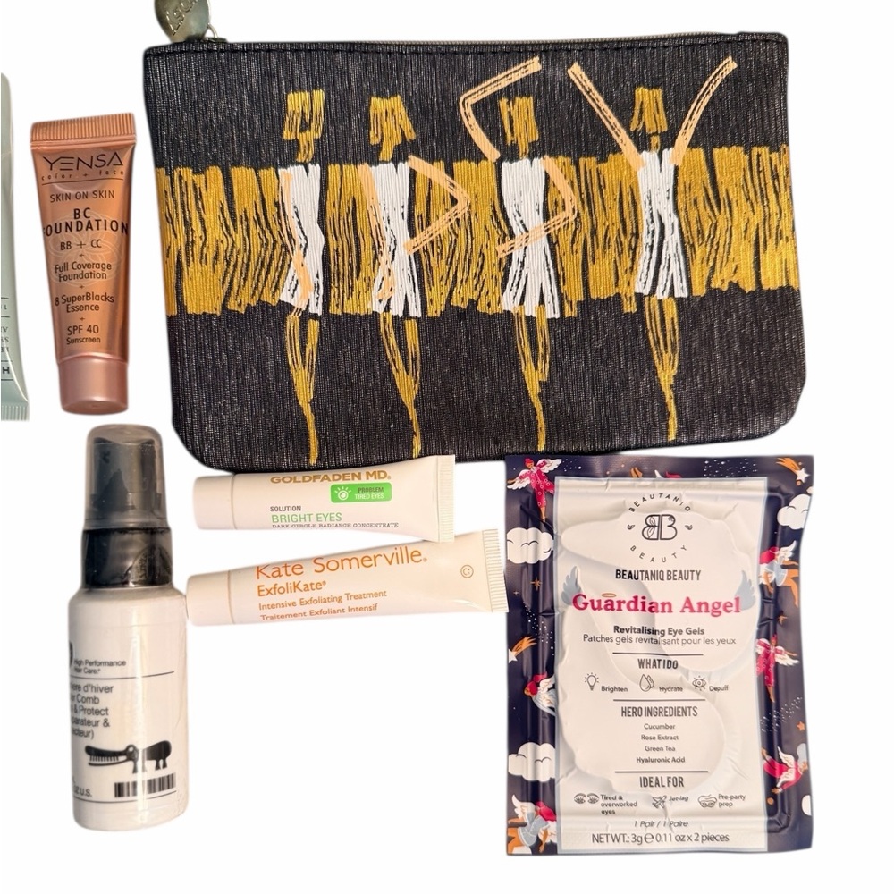 7 pc Ipsy Black Gold and White Small Makeup Bag with Skincare Set